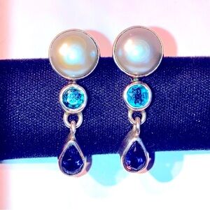 NWOT🟣Akoya Pearl💧Amethyst/Blue Topaz Sterling Silver Earrings